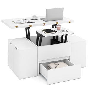 3-in-1 extendable coffee table with 4 storage stools and hidden compartment for 4 to 8 people - White