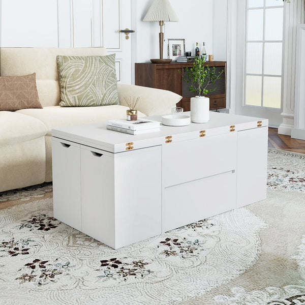 3-in-1 extendable coffee table with 4 storage stools and hidden compartment for 4 to 8 people - White