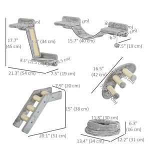 Wall-mounted cat shelves with scratching post, ladder and basket