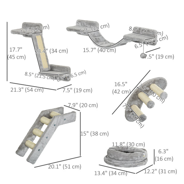 Wall-mounted cat shelves with scratching post, ladder and basket