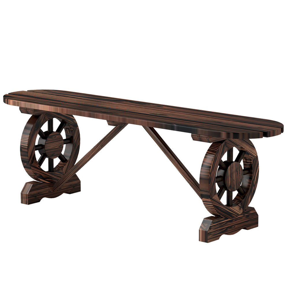 Wooden garden bench with wagon wheel legs, charred