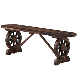 Wooden garden bench with wagon wheel legs, charred