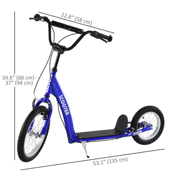 Scooter with adjustable handlebars, double brakes, inflatable wheels, dark blue