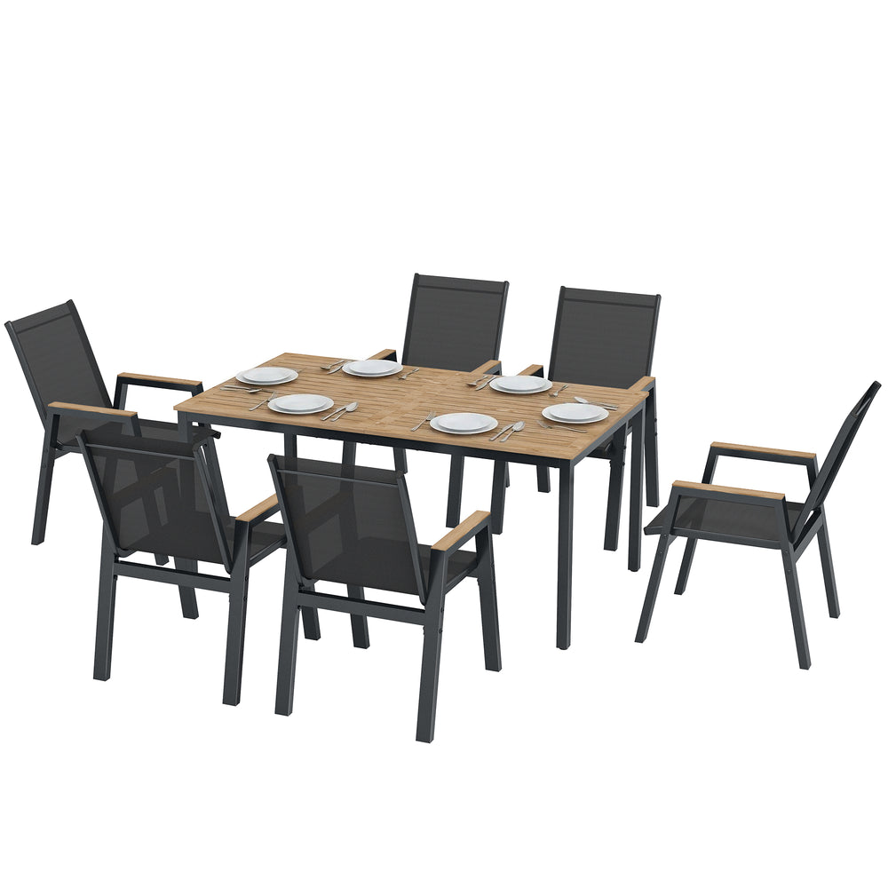 7-piece outdoor dining set, including a rectangular table and 6 mesh chairs with a slatted top