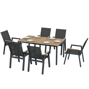7-piece outdoor dining set, including a rectangular table and 6 mesh chairs with a slatted top
