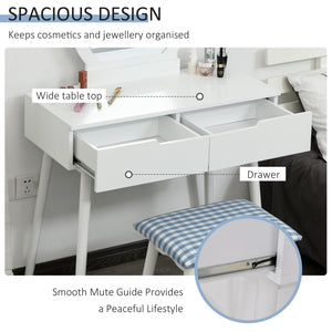 Dressing table with round mirror and 2 drawers, padded stool, white 