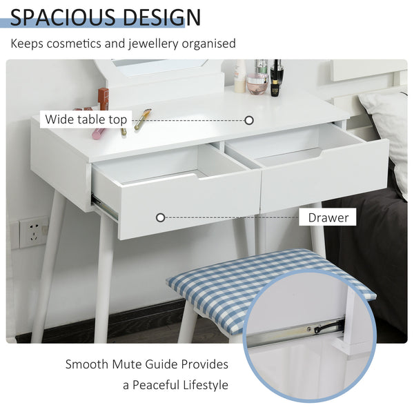 Dressing table with round mirror and 2 drawers, padded stool, white 