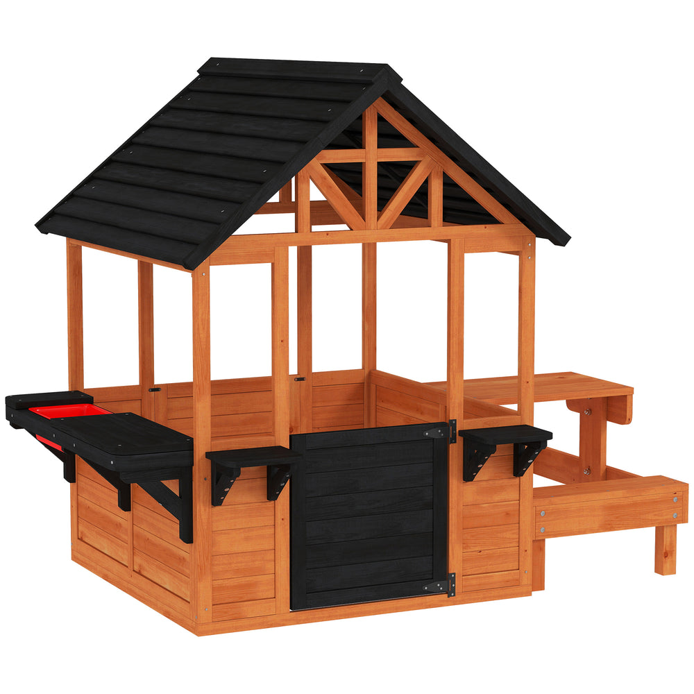 Wooden playhouse for children aged 3 to 8, with a table, benches, a sink, windows, and flower box holders, brown.