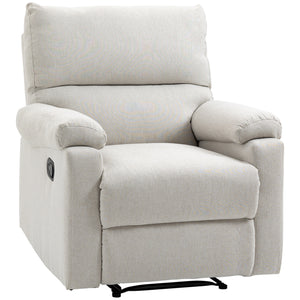 Manual recliner chair with footrest and upholstered seat, cream white