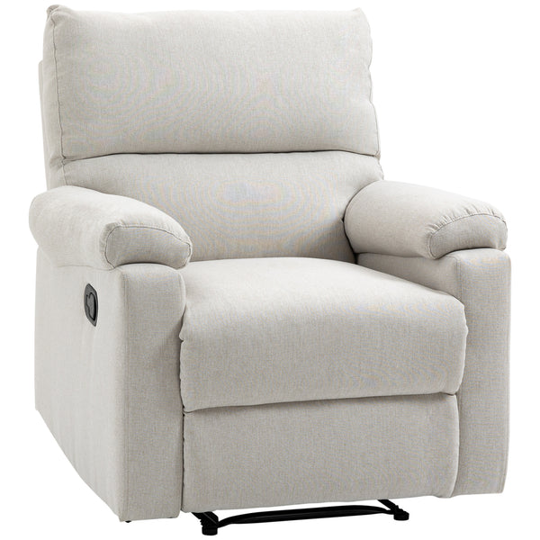 Manual recliner chair with footrest and upholstered seat, cream white