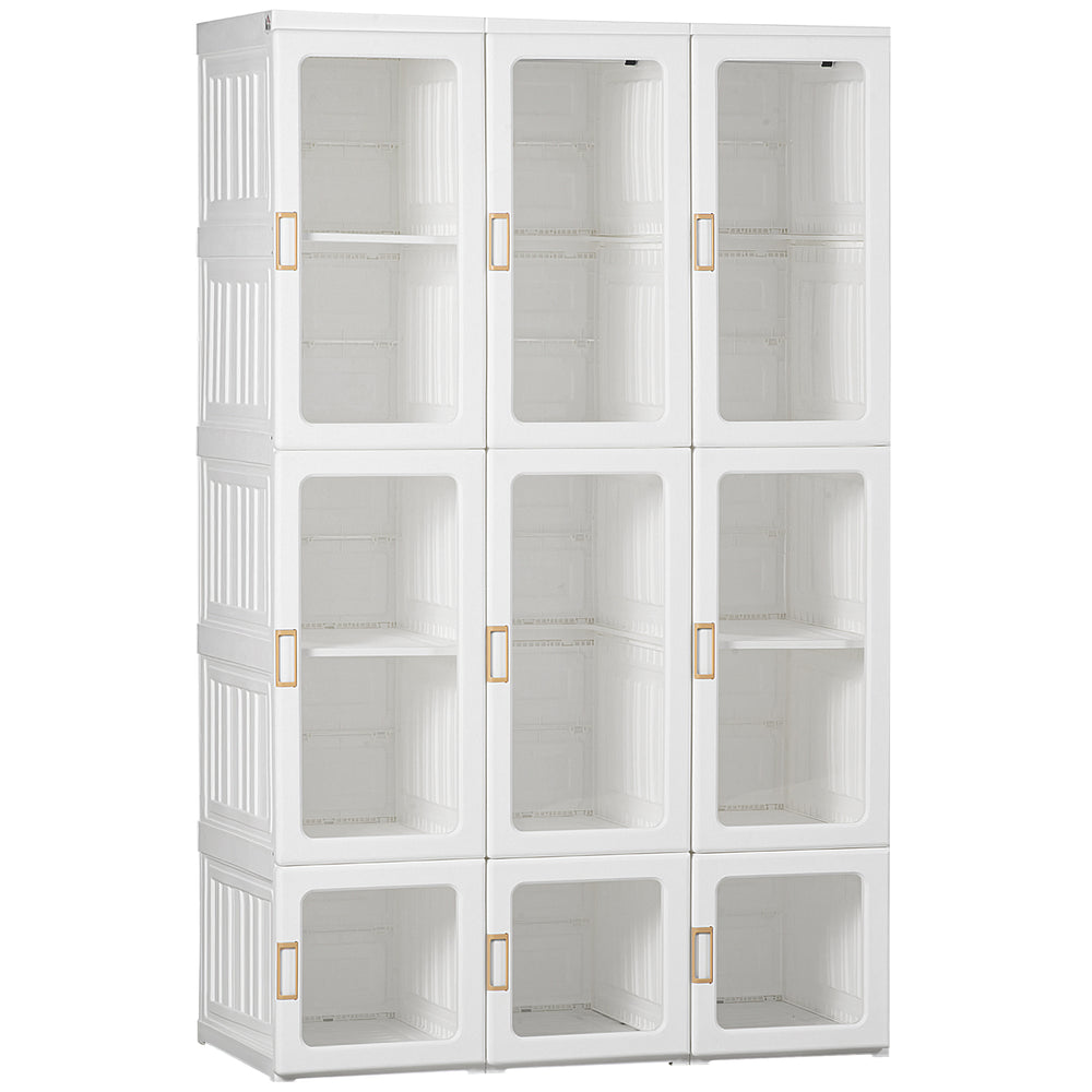 Foldable and portable wardrobe with cube storage, hanging rails, and magnetic doors, white