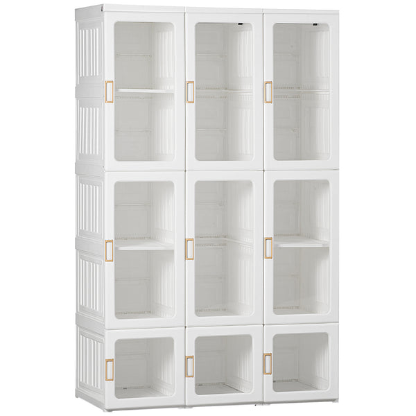 Foldable and portable wardrobe with cube storage, hanging rails, and magnetic doors, white