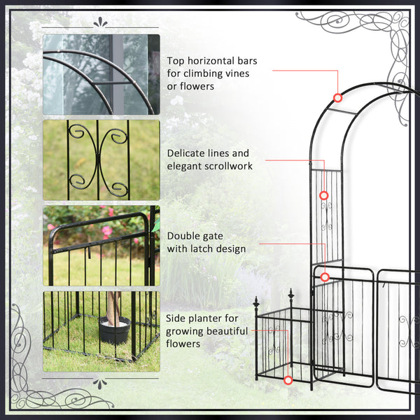 Metal garden arch with gate and 2 side planters