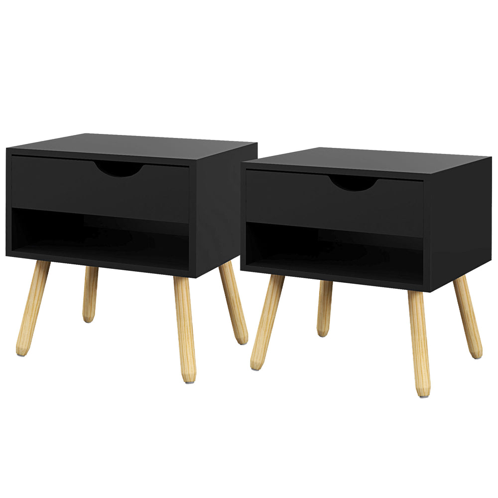 Set of 2 bedside tables with storage drawer and shelf, black