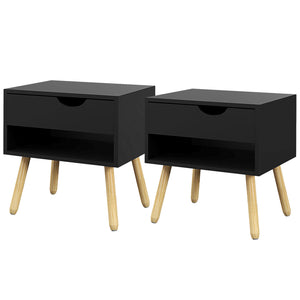 Set of 2 bedside tables with storage drawer and shelf, black