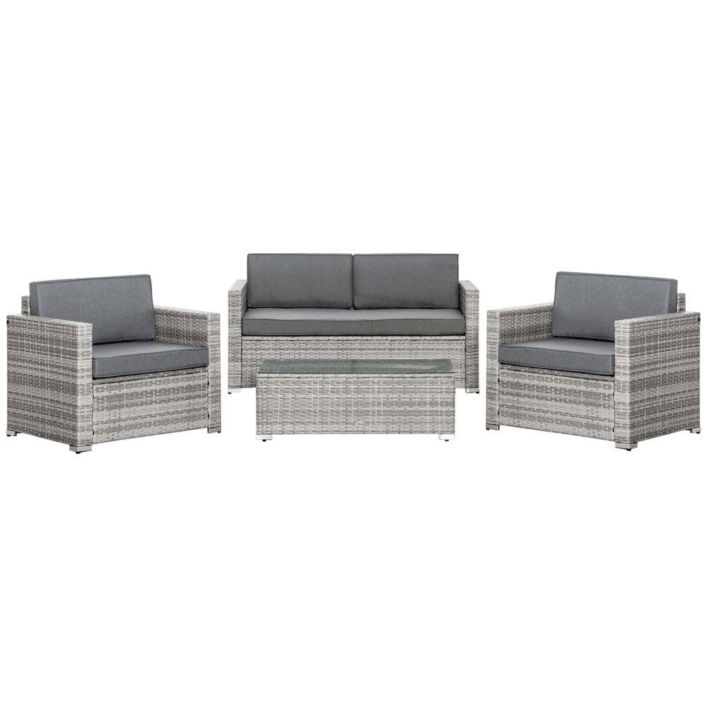 4 Pieces Patio Wicker Sofa Set, Outdoor PE Rattan Extra Wide Seat Conversation Furniture w/ Tempered Glass Table-top & Thick Padded Cushion for Garden, Backyard, Lawn, Mixed Grey