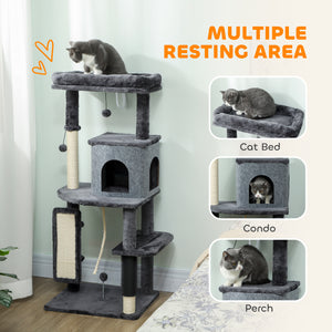 132cm Cat Tree with Scratching Posts, Basket, Kennel and Grooming Brush, Grey