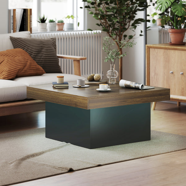 Square coffee table with 16-color LED lighting, walnut
