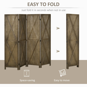 4 Panel Farmhouse Style Room Divider with Wood Frame, Brown