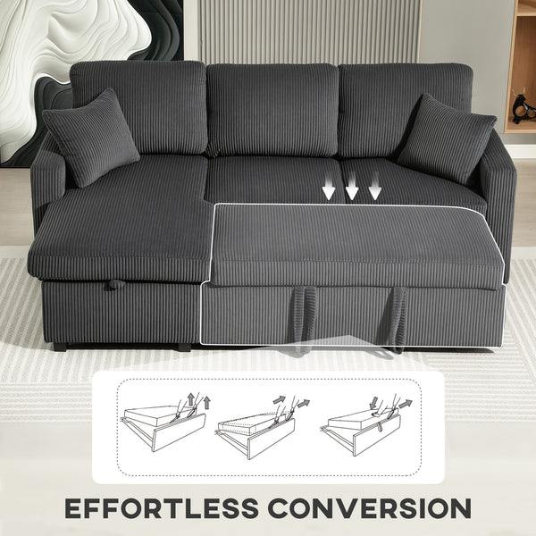 81" Sofa Bed, 2 In 1 Pull Out Sleeper Sofa Bed with Storage, Corduroy Convertible Couch for Living Room, Dark Grey