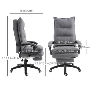 Reclining and height-adjustable office chair with retractable footrest, grey