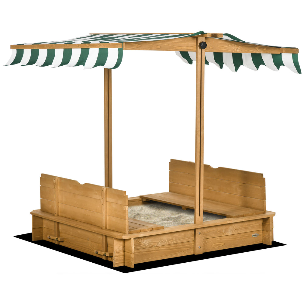 Wooden sandbox with cover, folding benches and adjustable canopy, light brown