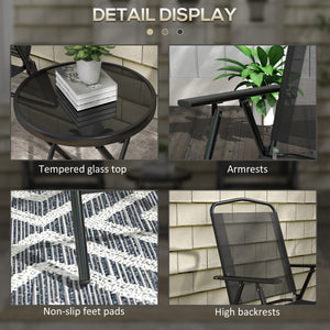 3-piece folding bistro set with mesh chairs and glass table, black