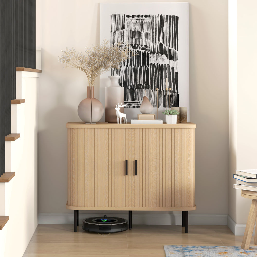 Nordic sideboard with tambour doors and metal legs, oak