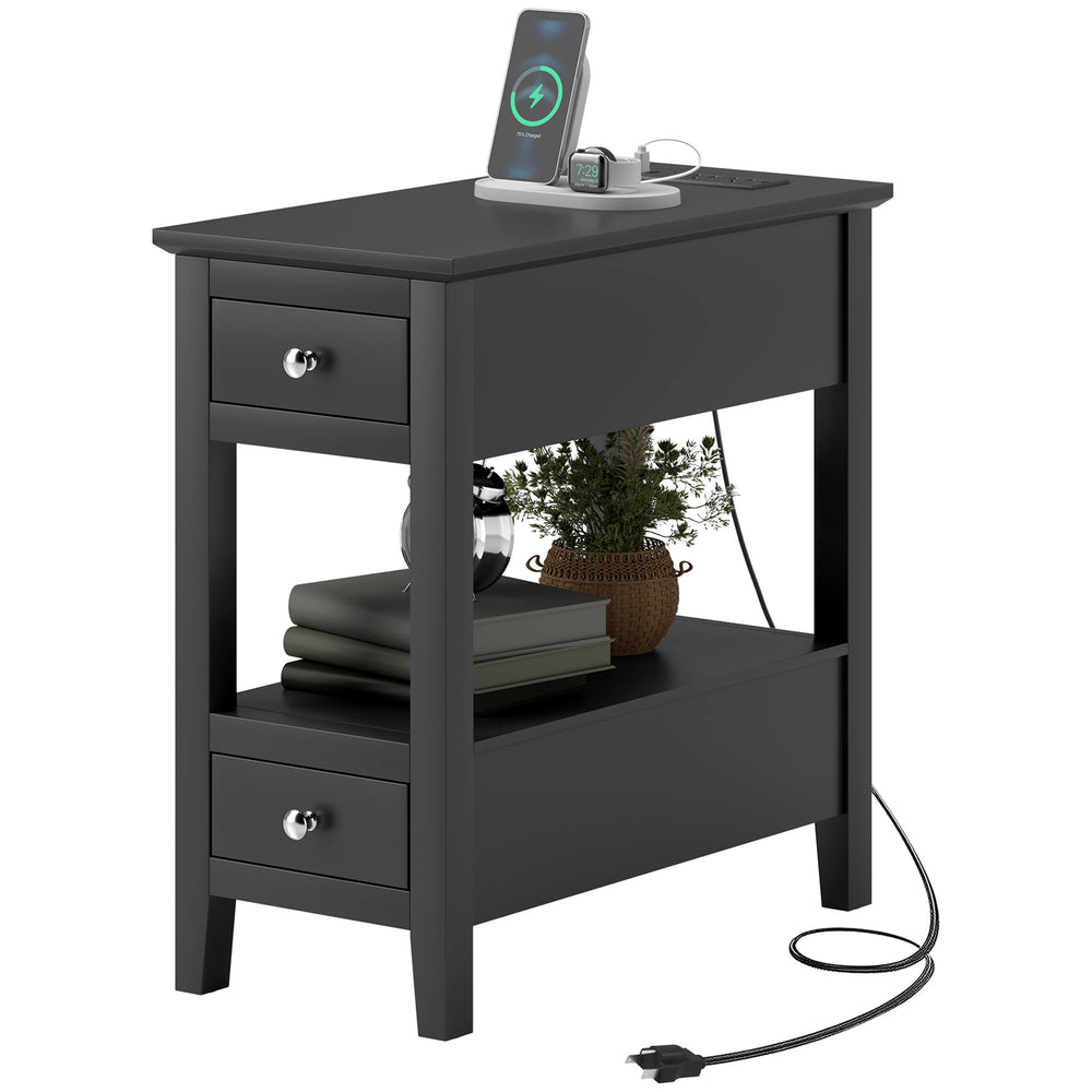 Narrow side table with charging station and storage shelf, black