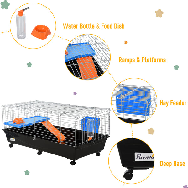 47" Rolling cage with a feeding bowl, a water bottle and an access ramp