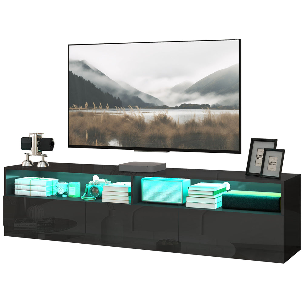 Meuble TV noir brillant avec éclairage LED, tiroirs de rangement, pour téléviseurs jusqu'à 75 pouces, idéal pour salon moderne