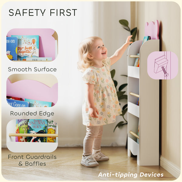 3-tier bookcase, bear motif, with anti-tip device, pink 
