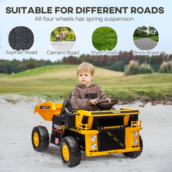 12V Kids Dump Truck with Electric Dump, Shovel and Spring Suspension