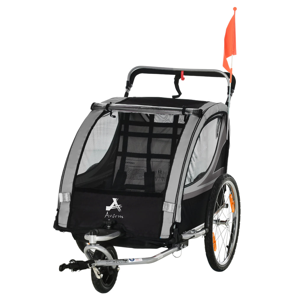 Aosom 2 Seat Bike Trailer for Kids 2-in-1 Baby Stroller with Handbrake, Rubber Wheels, 5 Point Harness, Reflectors, Grey