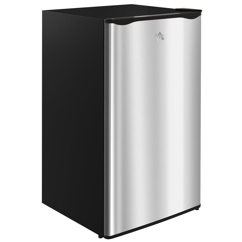 Compact refrigerator with freezer, adjustable shelf, mechanical thermostat and reversible door, silver