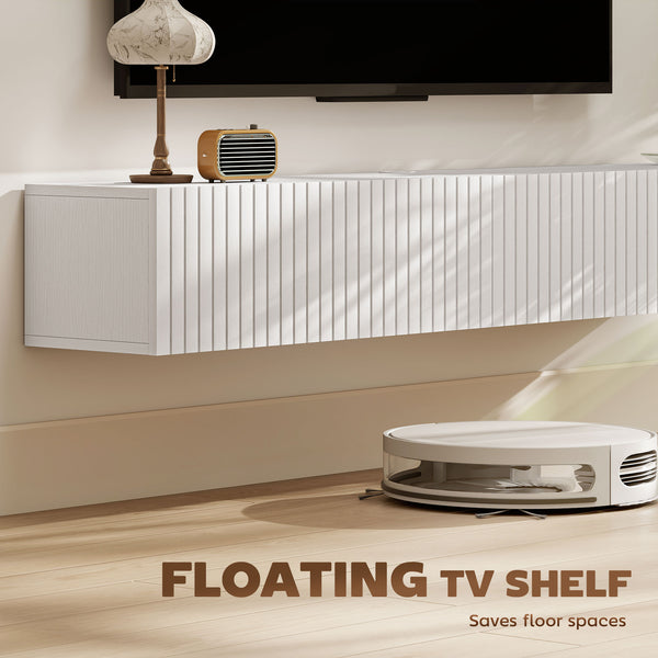 Floating wall-mounted TV unit for TVs up to 72 inches with 2 fluted drop-down doors, white
