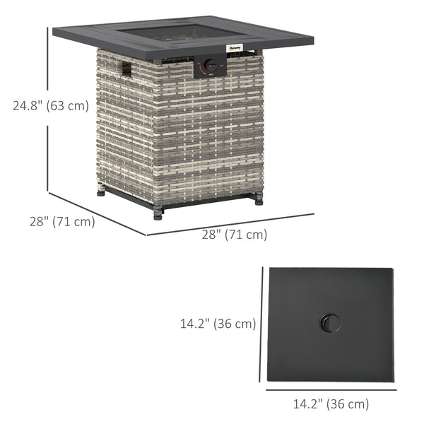 28" Propane Gas Fire Pit Table with 40,000 BTU Rattan Rain Cover, Mesh Lid, Lava Rock, Grey Blend
