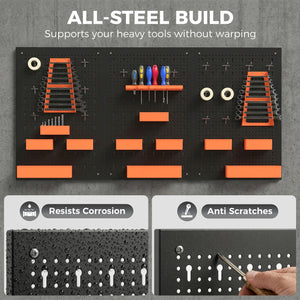 Wall-mounted tool organizer with 3 panels, 9 bins, 5 holders, and 16 hooks – Black and orange