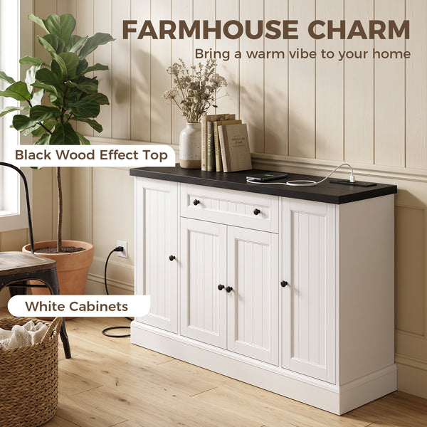 Storage buffet with charging station, 3 cabinets and adjustable shelves, white