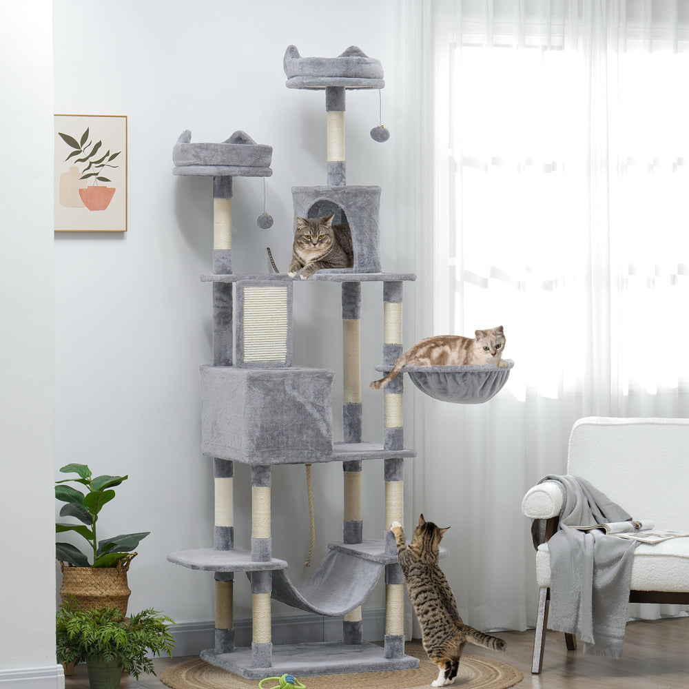 Large 205cm Cat Tree with Scratching Posts, Cabins, Beds, Hammocks, Light Grey