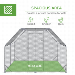 Galvanized metal chicken coop with flat roof and tarp