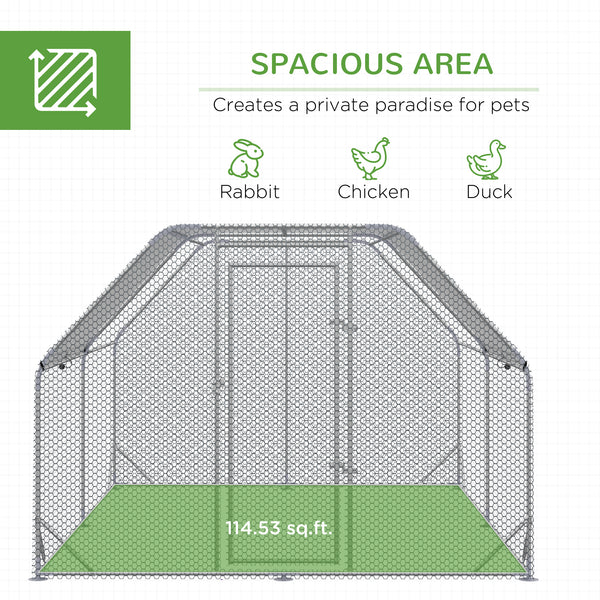 Galvanized metal chicken coop with flat roof and tarp