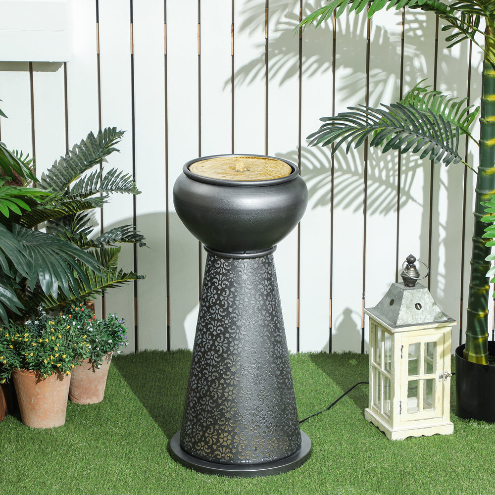 Outdoor Fountain with LED Lights, Adjustable Flow Garden Waterfall with Cutout Floral Base, Dark Gray and Yellow
