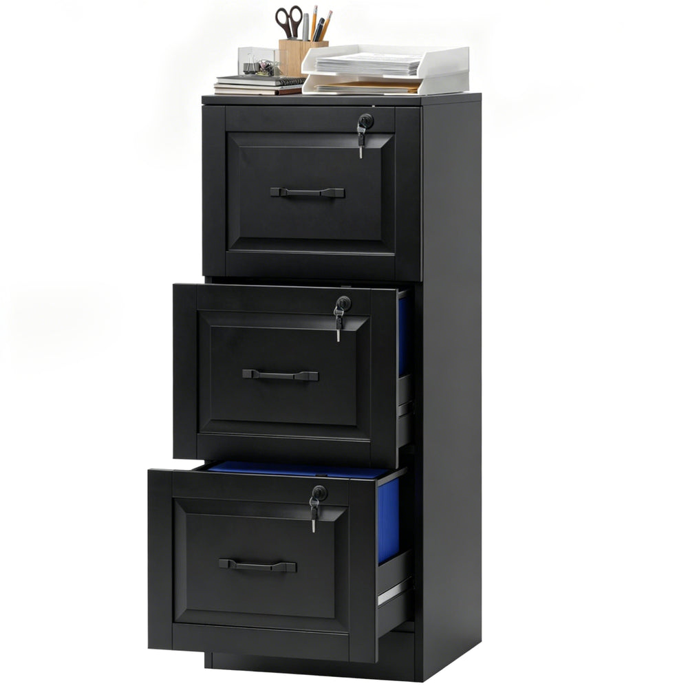 3-drawer vertical filing cabinet with lock, A4 and Letter compatible, black. Adjustable hanging rails.