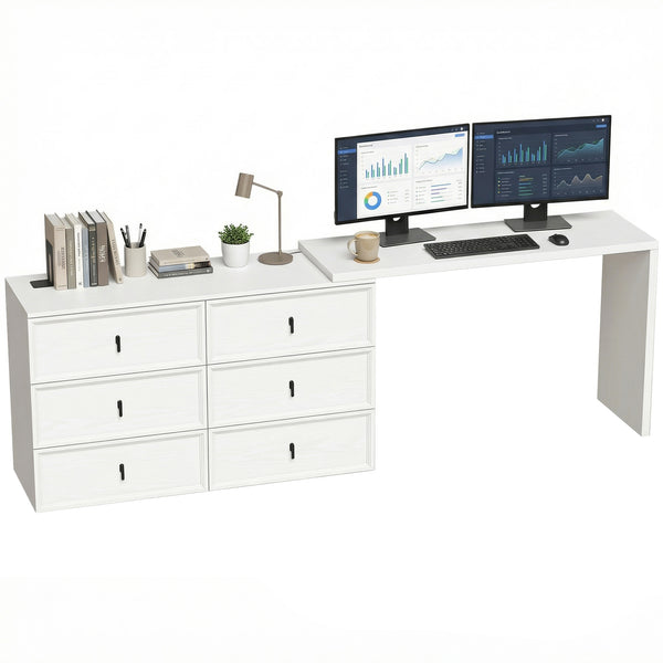 Convertible L-shaped or straight computer desk with 6 drawers and double storage – White wood-effect