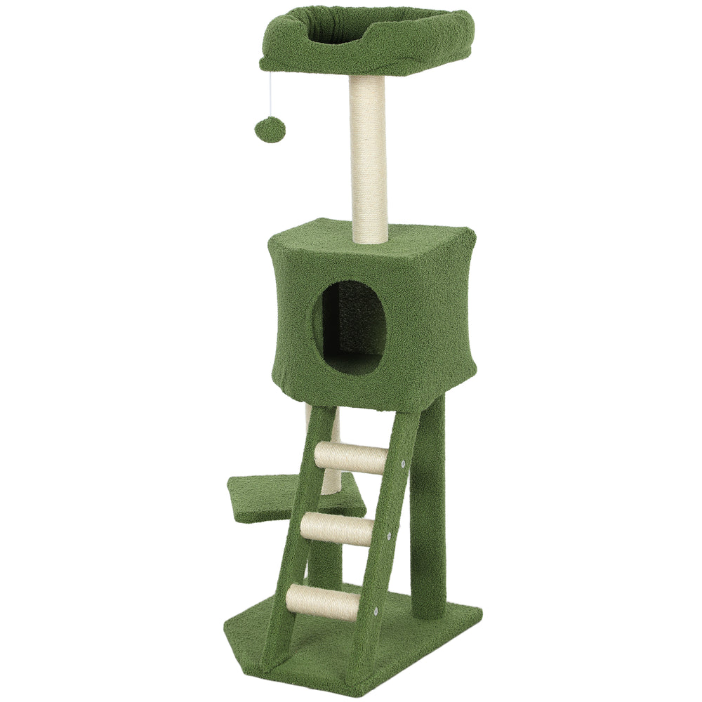 119cm high cat tree with niche, ladder, scratching posts and hanging ball, green