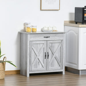Farmhouse style buffet with barn-style sliding doors, distressed gray finish