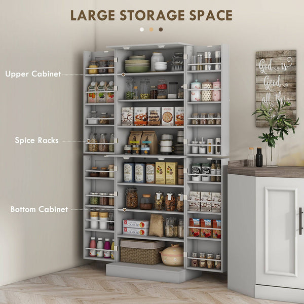 65-inch Kitchen Cabinet, Pantry with 4 Doors and 16 Shelves for Dining Room, Gray