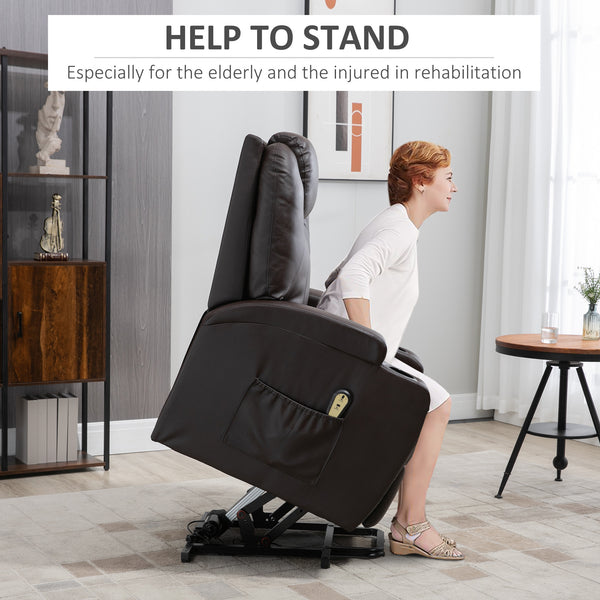 PU Leather Electric Lift Chair with Footrest and Cup Holder, Brown