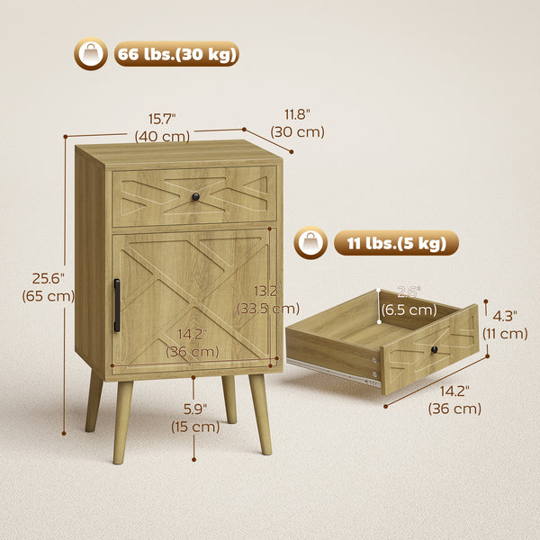 Set of 2 bedside tables with a drawer and a cupboard, oak finish